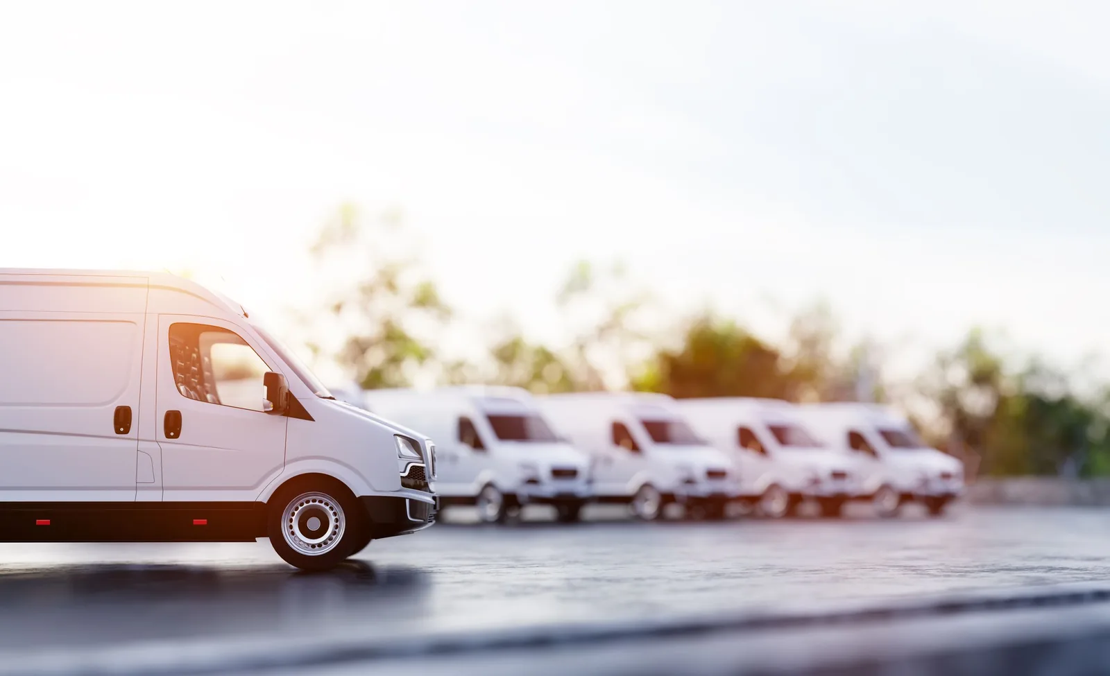 Fleet of white commercial vans and trucks lined up